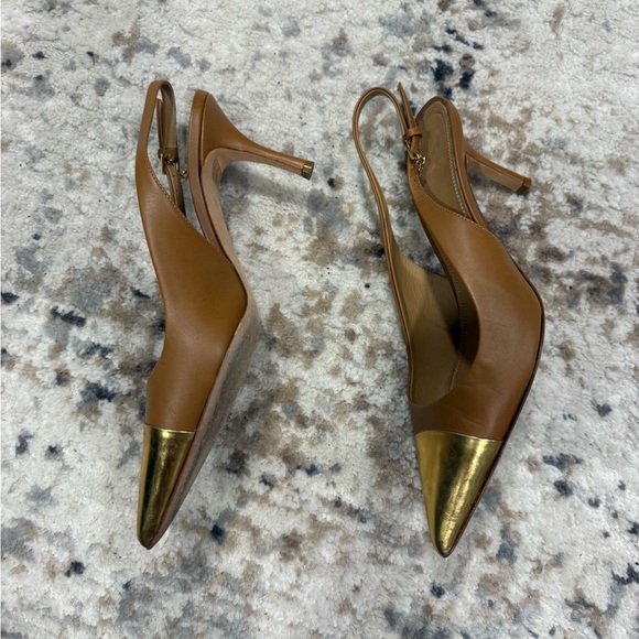 Tory Burch Tan Slingback Pumps with Gold Cap Toe - Picture 5 of 7